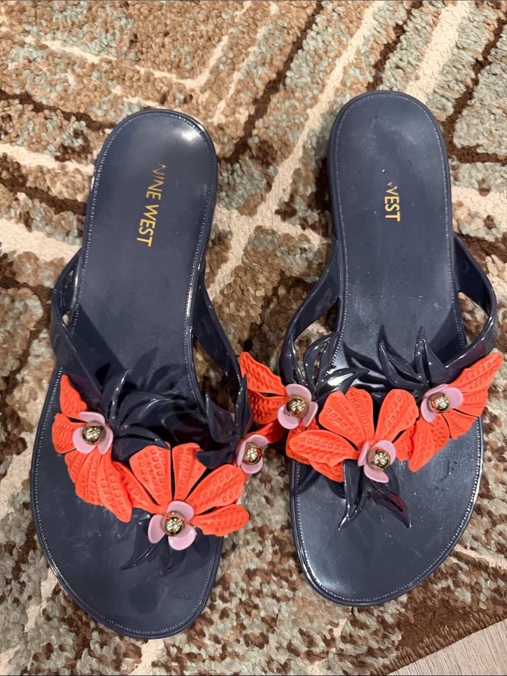 Nine West Navy Jelly Thong Sandals with Orange and Pink Floral Accents